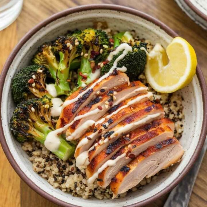 Grilled Chicken and Broccoli Bowl with Garlic Sauce
