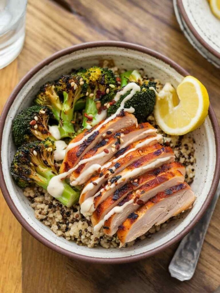 Grilled Chicken and Broccoli Bowl with Garlic Sauce