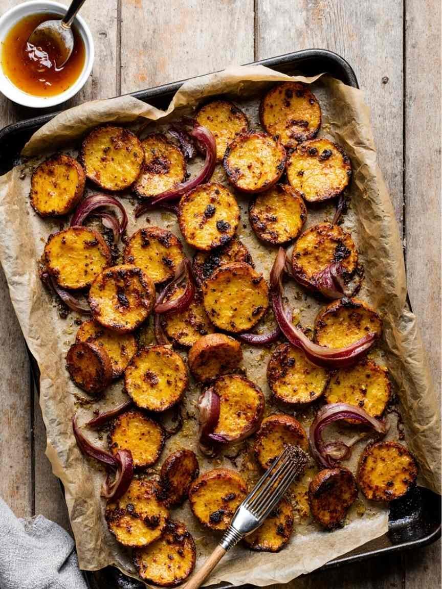 Sheet Pan Sausage & Sweet Potatoes with Honey Garlic Sauce