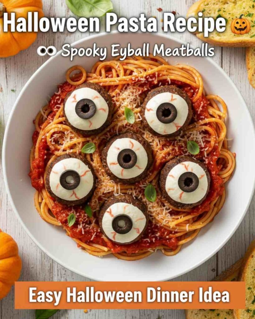 Pinterest pin image of Halloween Pasta Recipe with spaghetti and spooky eyeball meatballs, with text overlay Halloween Pasta Recipe, Spooky Eyeball Meatballs, Easy Halloween Dinner Idea.