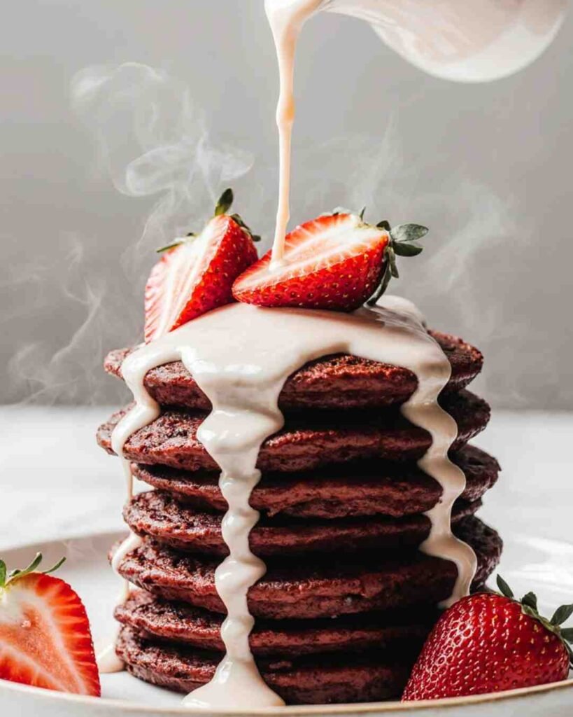 romantic red velvet pancakes
