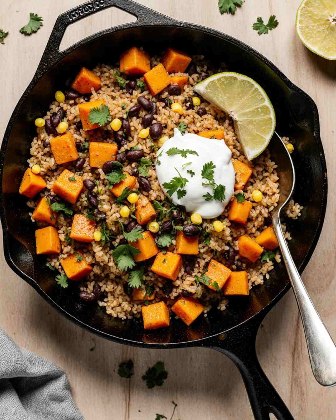 Southwest Sweet Potato Black Bean Rice Skillet